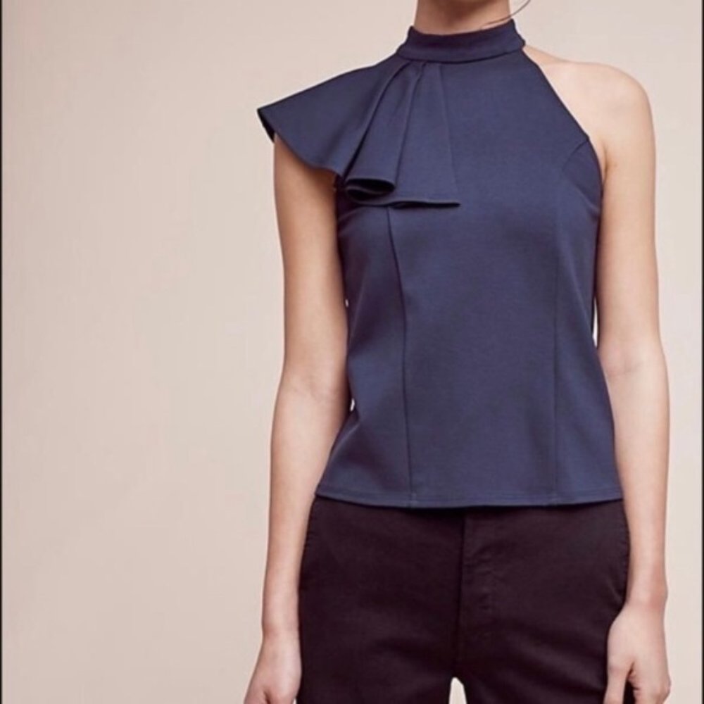 Anthropologie Eri + Ali Ruffled Navy Blue Sleeveless Blouse